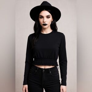 Zara WB Collection Black Cinched Waist Cropped Pullover Top S Goth Grunge Rodeo